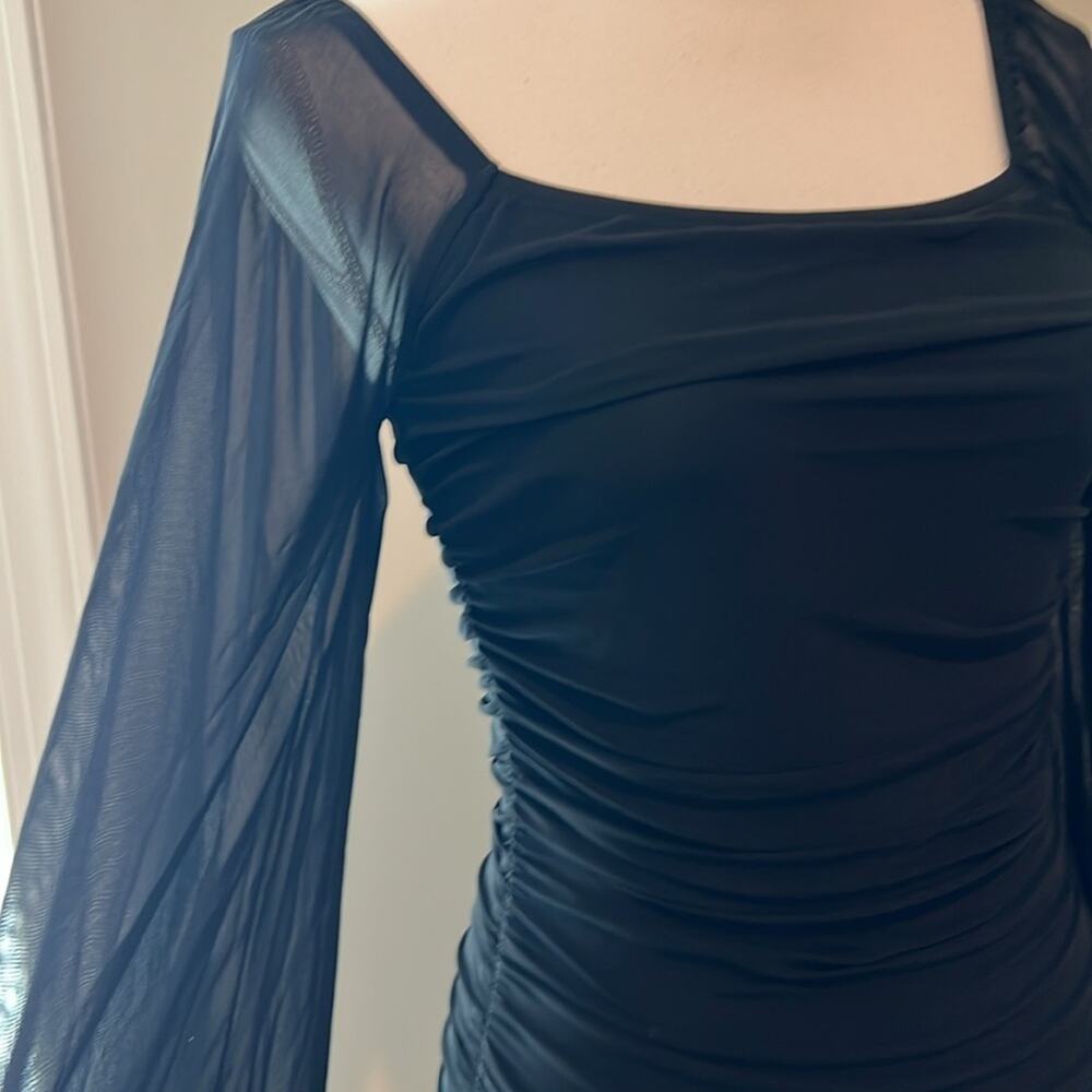 NEW Square Neck Long Sleeve Mini Ruched Bodycon Dress Stretch Cocktail Small S - Picture 3 of 16